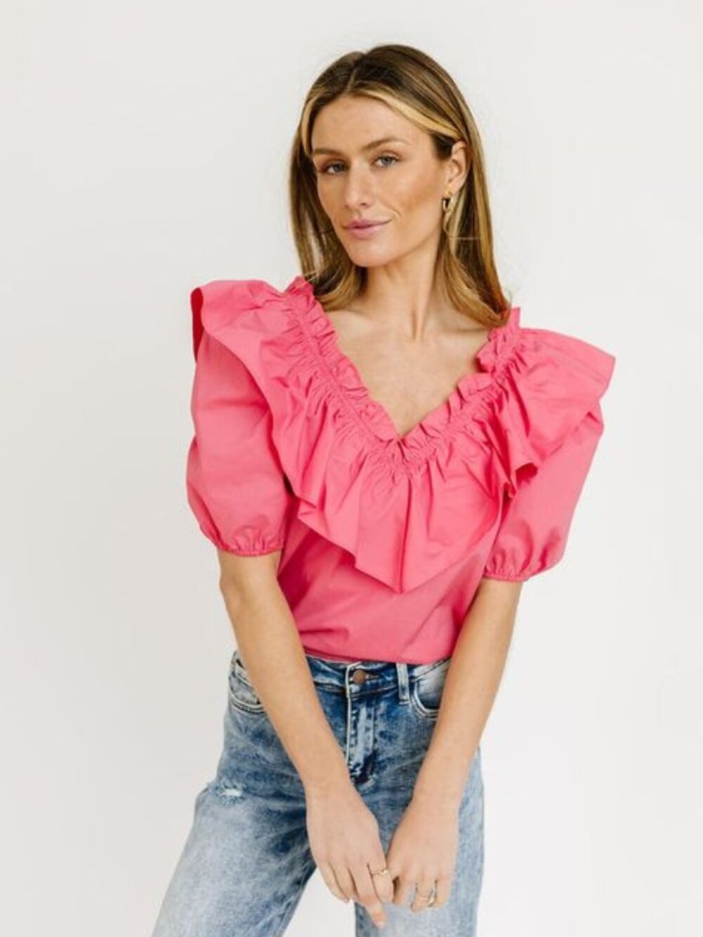 English Factory NWT Women's Ruffle Puff Sleeve Top Coral Poplin‎ Cotton Sz Small